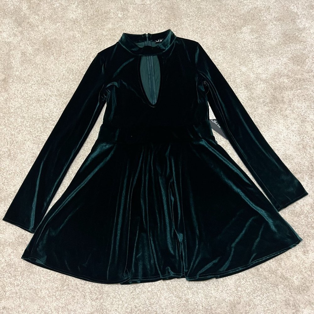 For Love and Lemons Anna Velvet Dress Size Large Dark Green Skater Long Sleeve